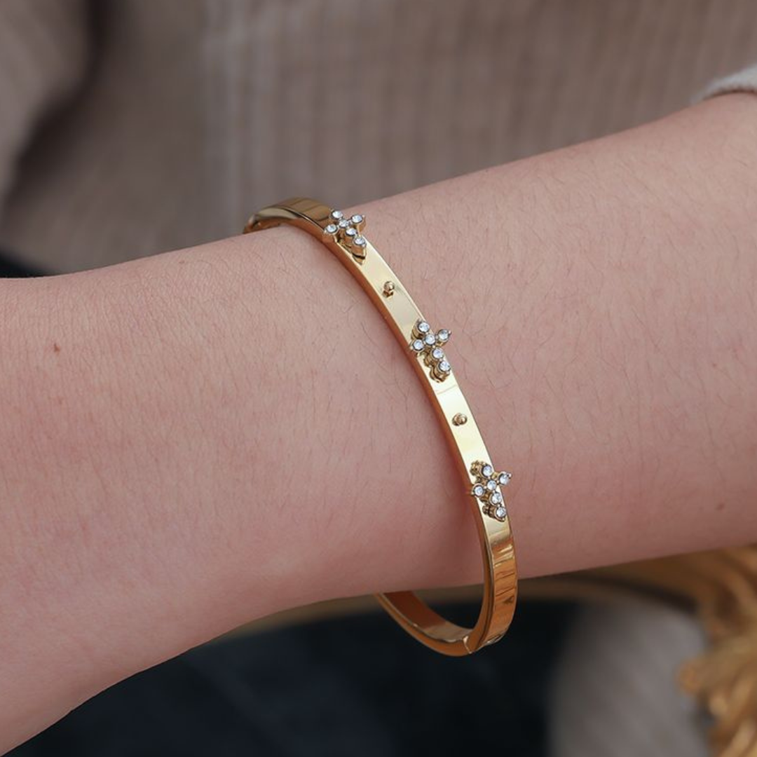 Edelstahl Armreif "Cross Silber" 14K vergoldet