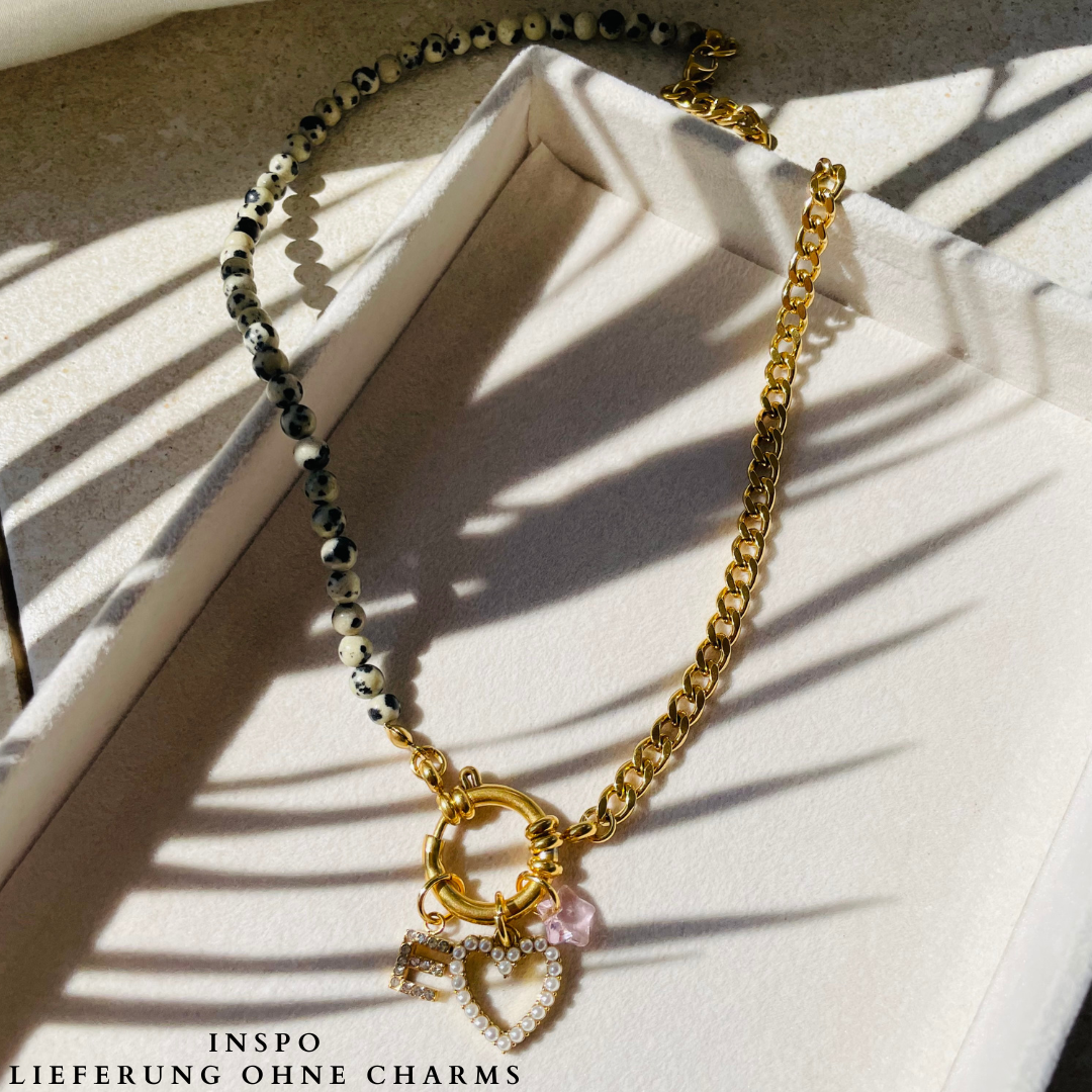 Edelstahl Kette "Dalmatiner Jaspis Gold" handgemacht