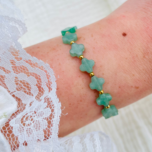 Armband "Clover Gold" mit grĂĽner Jade