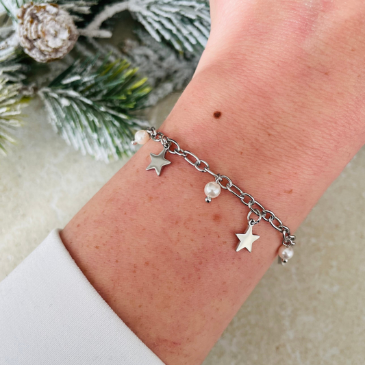 Edelstahl Armband "Starry Silber" mit veganen Perlen