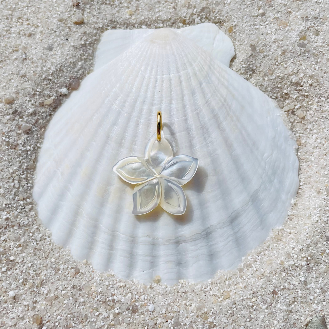 Ein zart schimmernder Blumenanhänger aus weißer Muschelperle liegt auf einer weißen Muschelschale, eingebettet in feinem Sand. Die Blütenform ist glatt geschliffen und reflektiert das Licht perlmuttartig. 