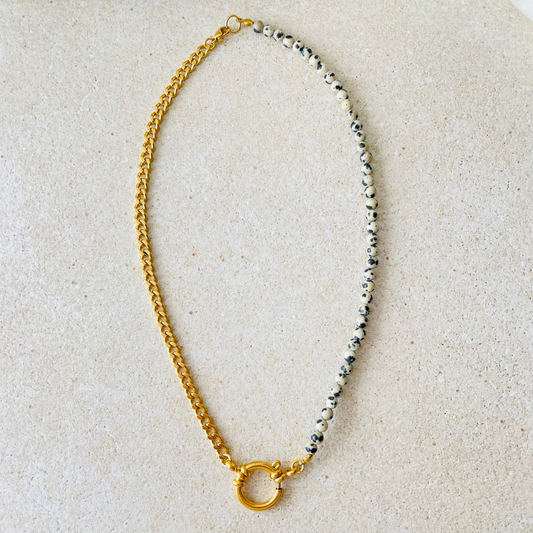 Edelstahl Kette "Dalmatiner Jaspis Gold" handgemacht