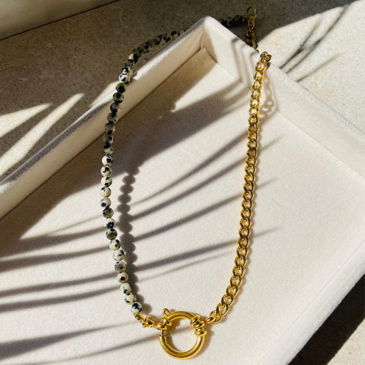 Edelstahl Kette "Dalmatiner Jaspis Gold" handgemacht
