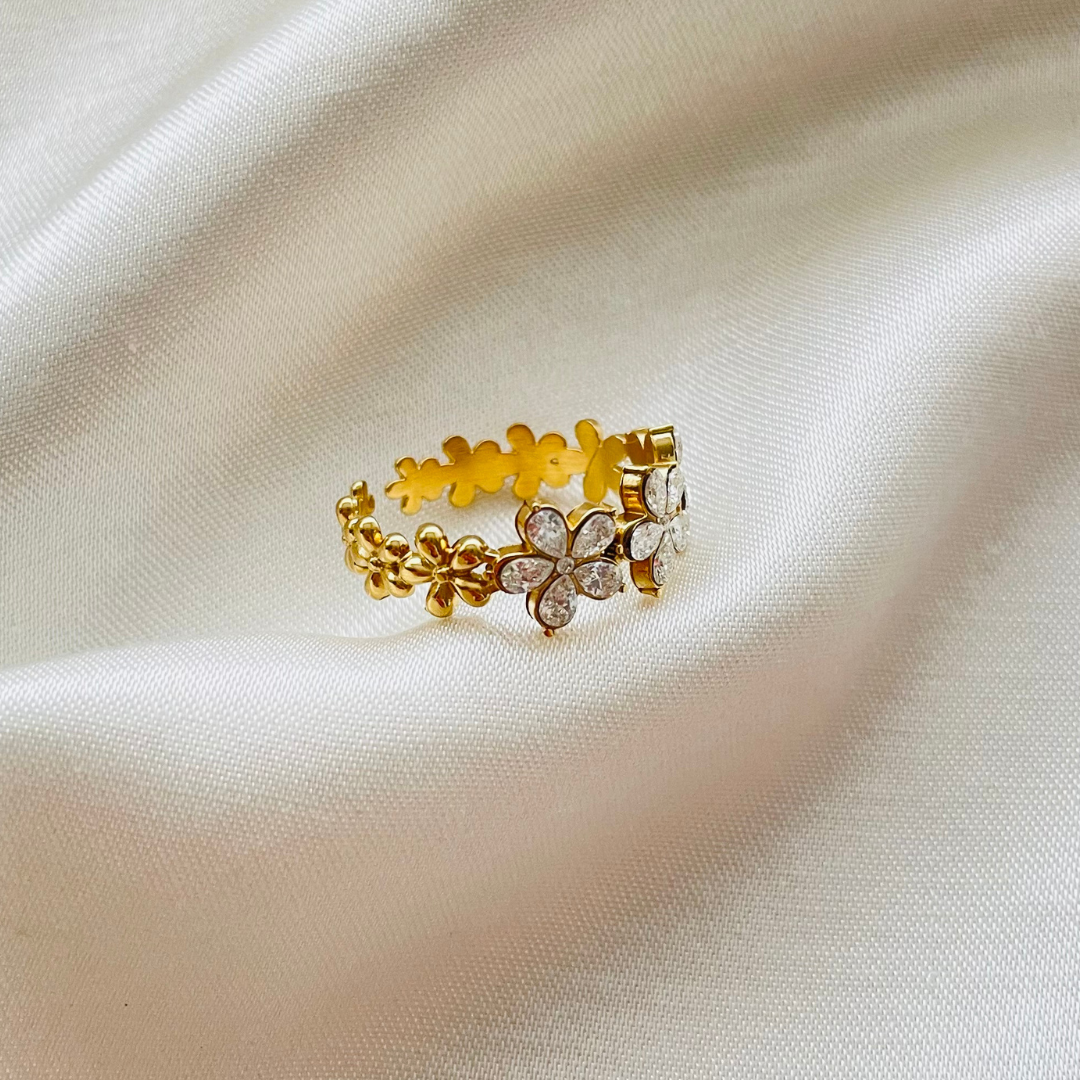 Edelstahl Ring "Flower Gold" Größenverstellbar